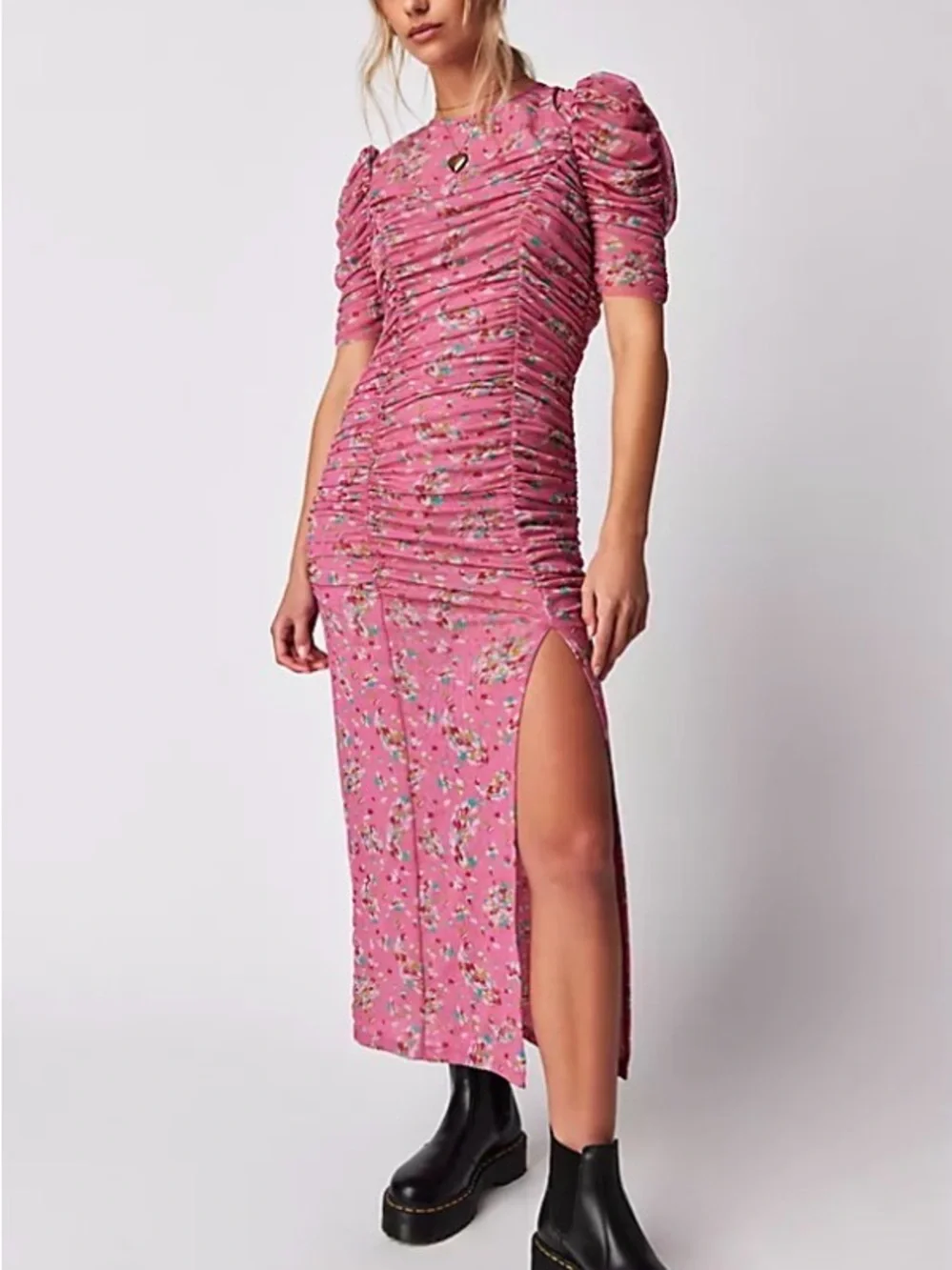 Free People Briella Printed Ruched Midi Dress in a black combo BNWT sz SM